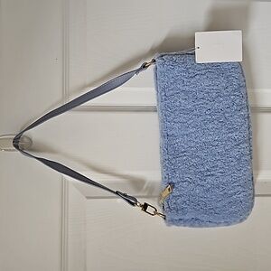 J Womens Baby Blue Soft Faux Fur Gold Zipper Clip Smooth Faux Leather Strap